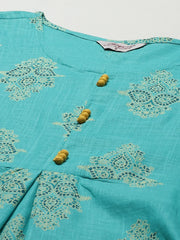 Women Sea Green & Yellow Ethnic Motifs Printed Block Print Kurta with Box Pleate ( JOK 1408 Rama )