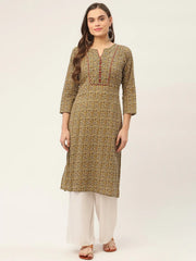 Women Brown and Olive Printed Straight Pure Cotton Kurta ( JOK 1418 Brown )