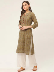 Women Brown and Olive Printed Straight Pure Cotton Kurta ( JOK 1418 Brown )