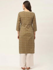 Women Brown and Olive Printed Straight Pure Cotton Kurta ( JOK 1418 Brown )