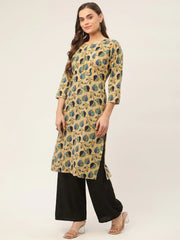 Women Beige and Navy Printed Straight Pure Cotton Kurta ( JOK 1418 Navy )