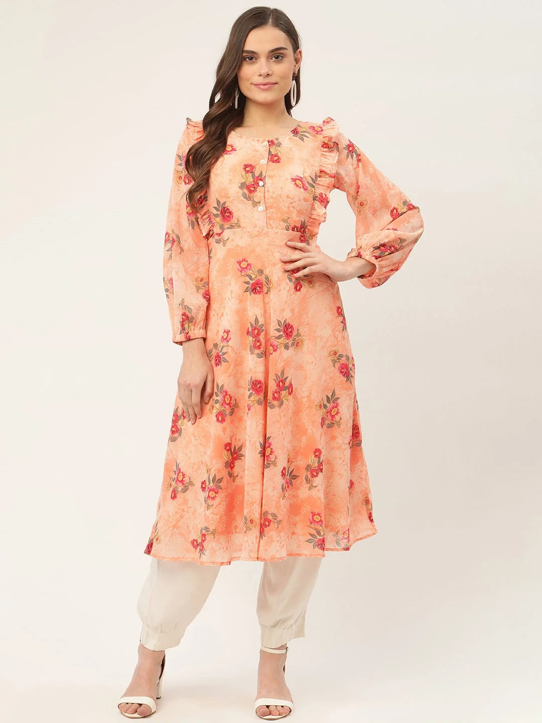 Orange Floral Georgette Indian Kurta for Women | Flared Kurti