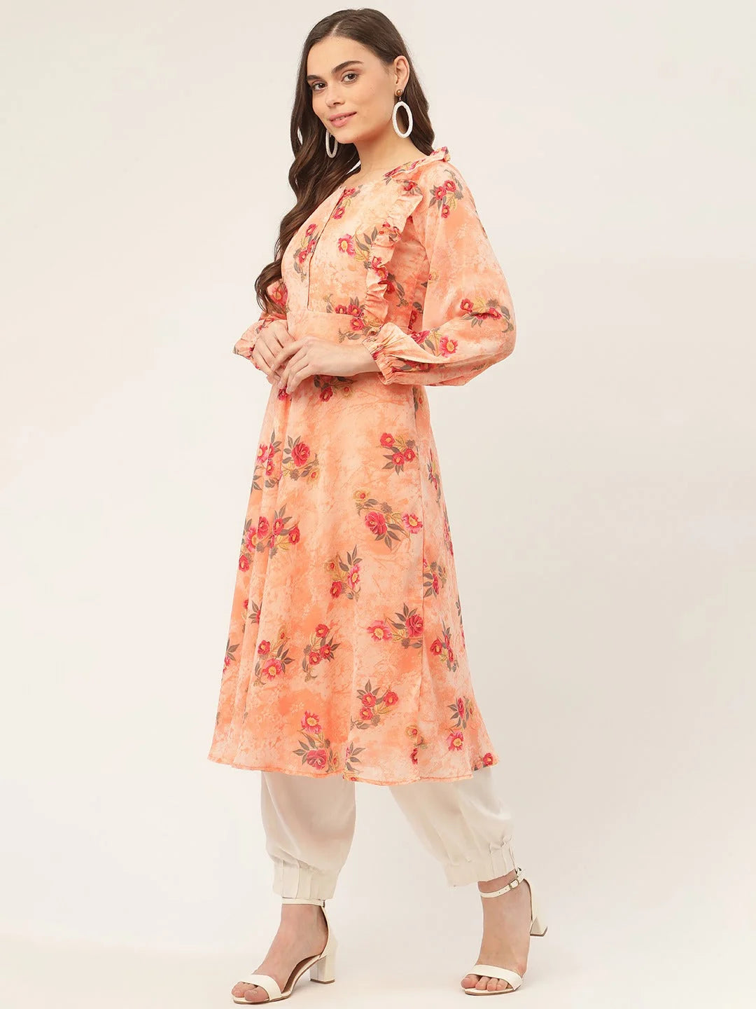 Orange Floral Georgette Indian Kurta for Women | Flared Kurti