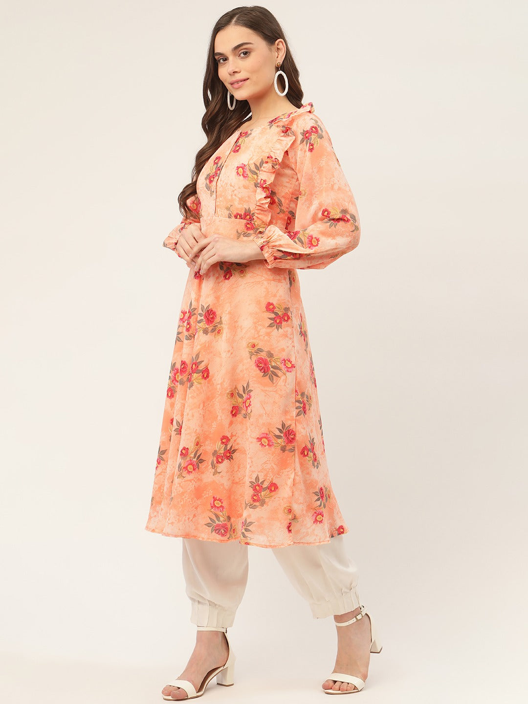 Orange Floral Georgette Indian Kurta for Women | Flared Kurti