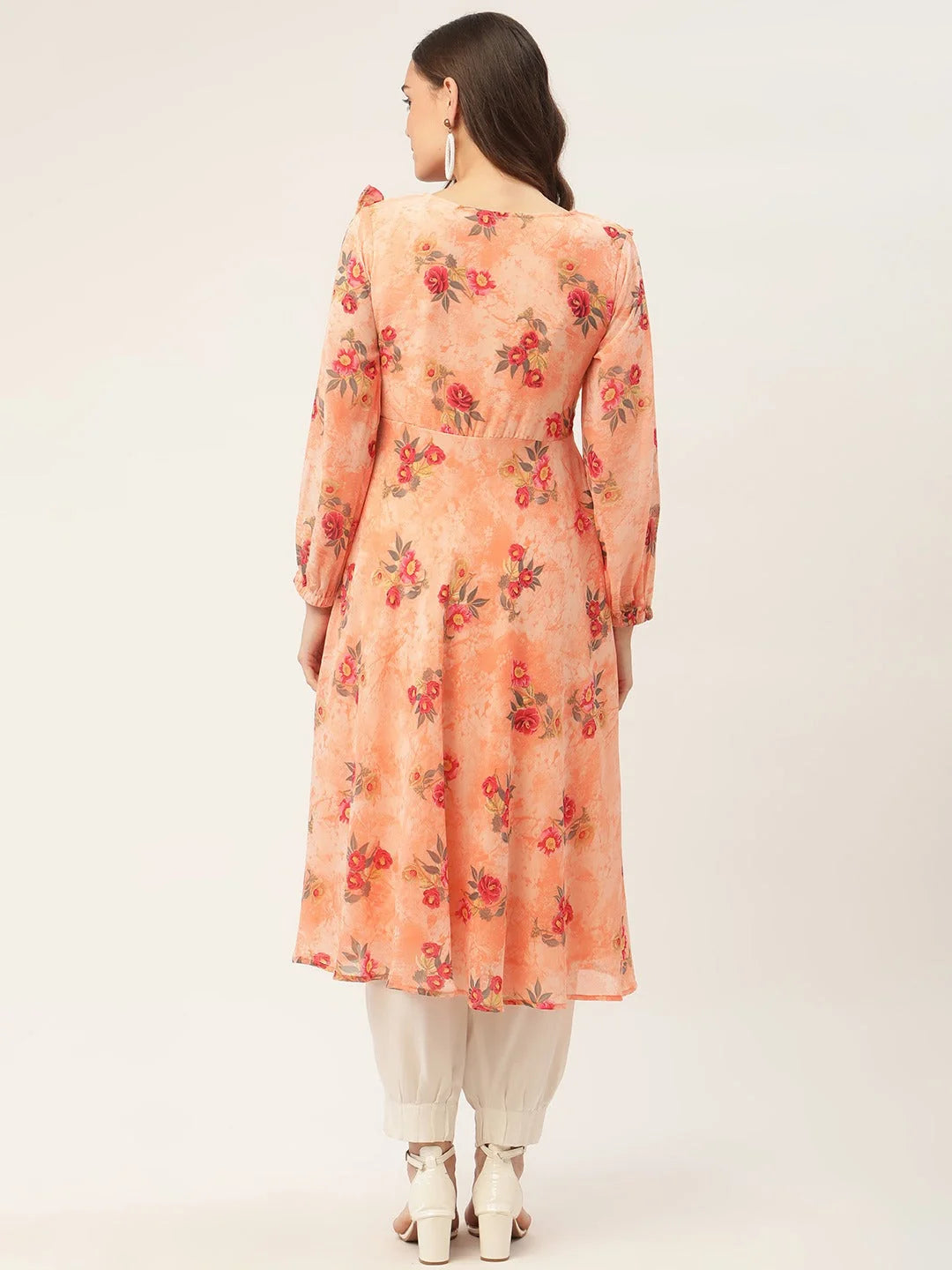 Orange Floral Georgette Indian Kurta for Women | Flared Kurti