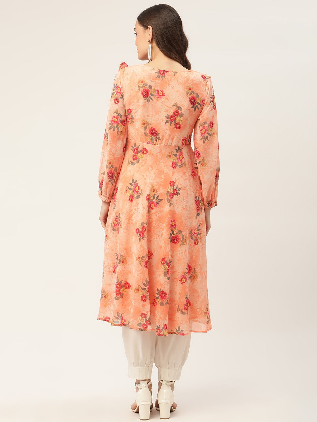 Orange Floral Georgette Indian Kurta for Women | Flared Kurti