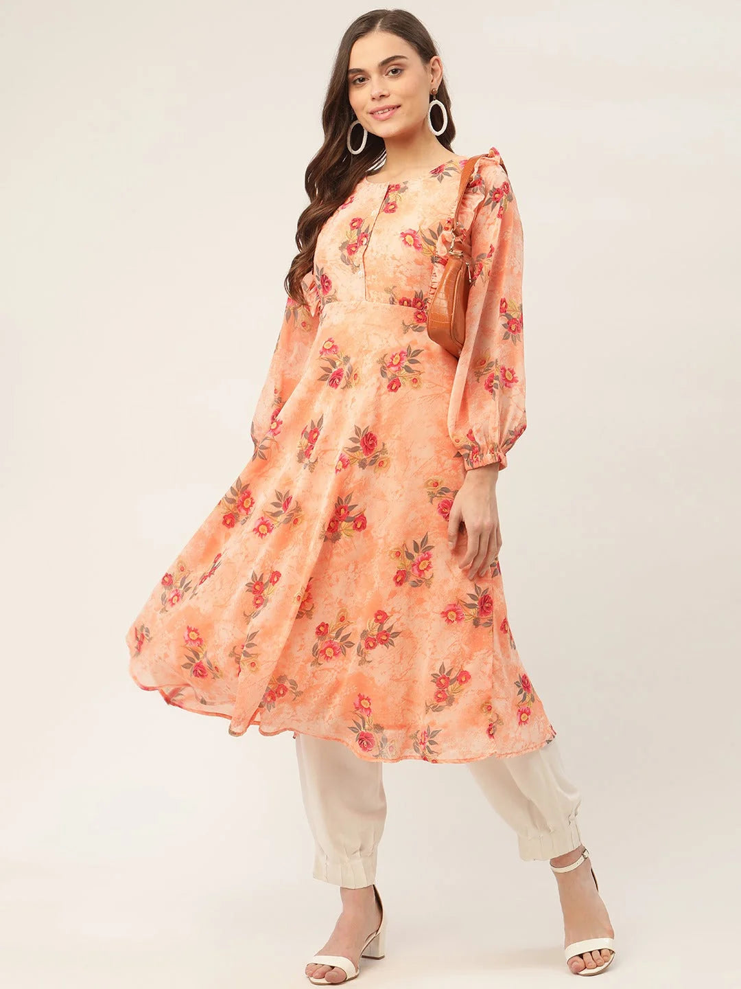 Orange Floral Georgette Indian Kurta for Women | Flared Kurti