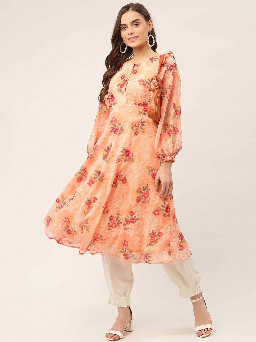 Orange Floral Georgette Indian Kurta for Women | Flared Kurti
