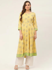Women Pista Green Cotton Blend Flared Printed kurta ( JOK 1425 Pista )