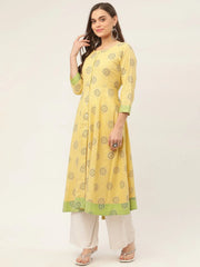 Women Pista Green Cotton Blend Flared Printed kurta ( JOK 1425 Pista )