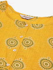 Women Yellow and Red Cotton Blend Flared Printed kurta ( JOK 1425 Yellow )