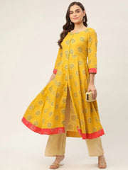 Women Yellow and Red Cotton Blend Flared Printed kurta ( JOK 1425 Yellow )