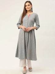 Women Grey & Red Cotton Jacquard Geometric Printed Kurta ( JOK 1430 Grey )