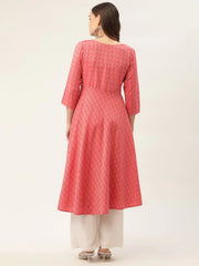 Women Red & Grey Cotton Jacquard Geometric Printed Kurta ( JOK 1430 Red )