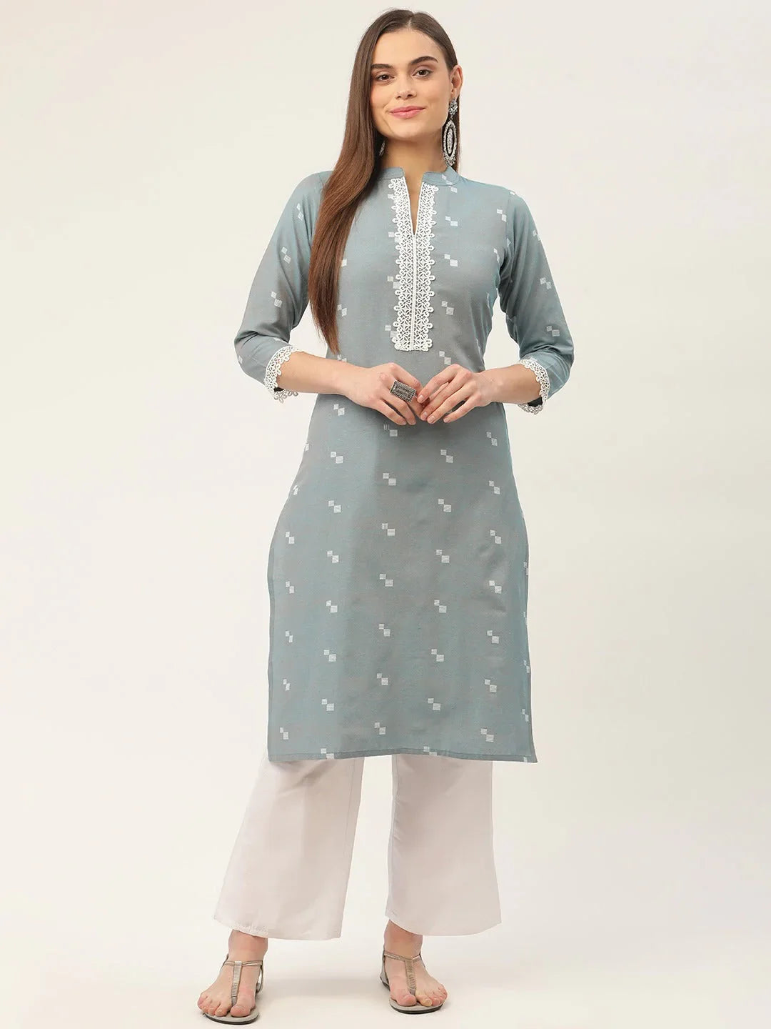 Women Grey Cotton Jacquard Geometric Printed Kurta ( JOK 1431 Grey )