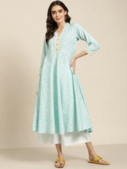 Women Blue & White Ethnic Motifs Printed Lace Detail Anarkali Kurta ( JOK 1436 Blue )