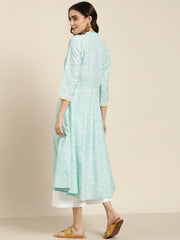 Women Blue & White Ethnic Motifs Printed Lace Detail Anarkali Kurta ( JOK 1436 Blue )
