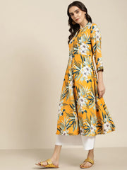 Women Yellow & Teal Blue Floral Printed Floral Georgette Anarkali Kurta ( JOK 1437 Yellow )