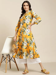 Women Yellow & Teal Blue Floral Printed Floral Georgette Anarkali Kurta ( JOK 1437 Yellow )