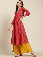 Women Red Bandhani Printed Anarkali Kurta ( JOK 1439 Red )