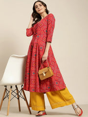 Women Red Bandhani Printed Anarkali Kurta ( JOK 1439 Red )