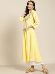 Women Yellow & Green Floral Embroidered Georgette Anarkali Kurta ( JOK 1440 Yellow )
