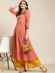 Women Rust Red & Green Floral Embroidered Georgette Anarkali Kurta ( JOK 1441 Rust )