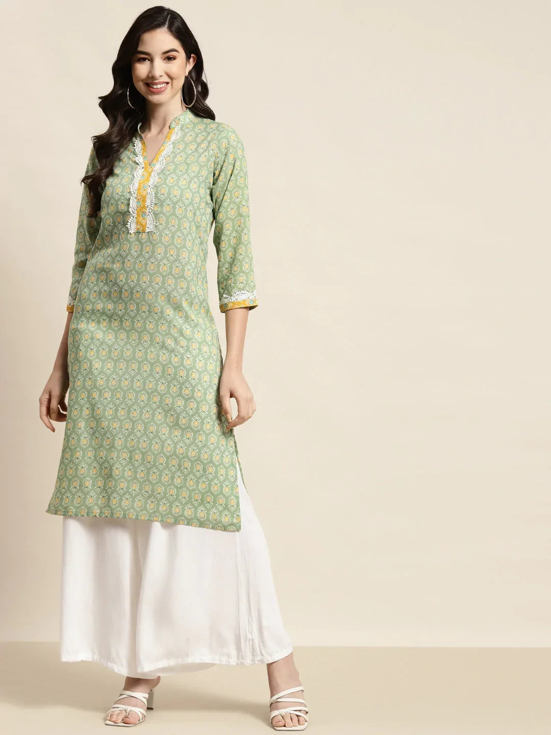 Ethnic Motifs Thread Work  Kurta ( JOK 1446 Green )