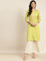 Floral Printed Embroidered Detail Kurta ( JOK 1463 Green )