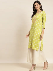 Floral Printed Embroidered Detail Kurta ( JOK 1463 Green )