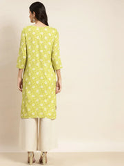 Floral Printed Embroidered Detail Kurta ( JOK 1463 Green )