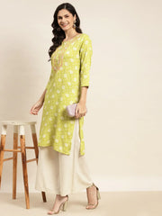Floral Printed Embroidered Detail Kurta ( JOK 1463 Green )