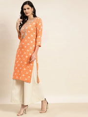 Floral Printed Embroidered Detail Kurta ( JOK 1463 Orange )