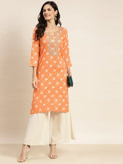 Floral Printed Embroidered Detail Kurta ( JOK 1463 Orange )
