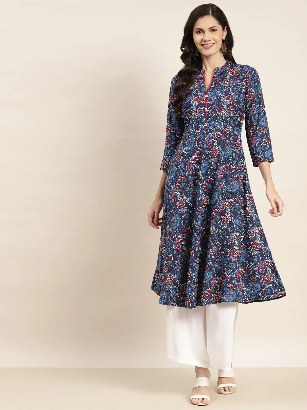 Floral Printed Anarkali Cotton Kurta ( JOK 1464 Navy )