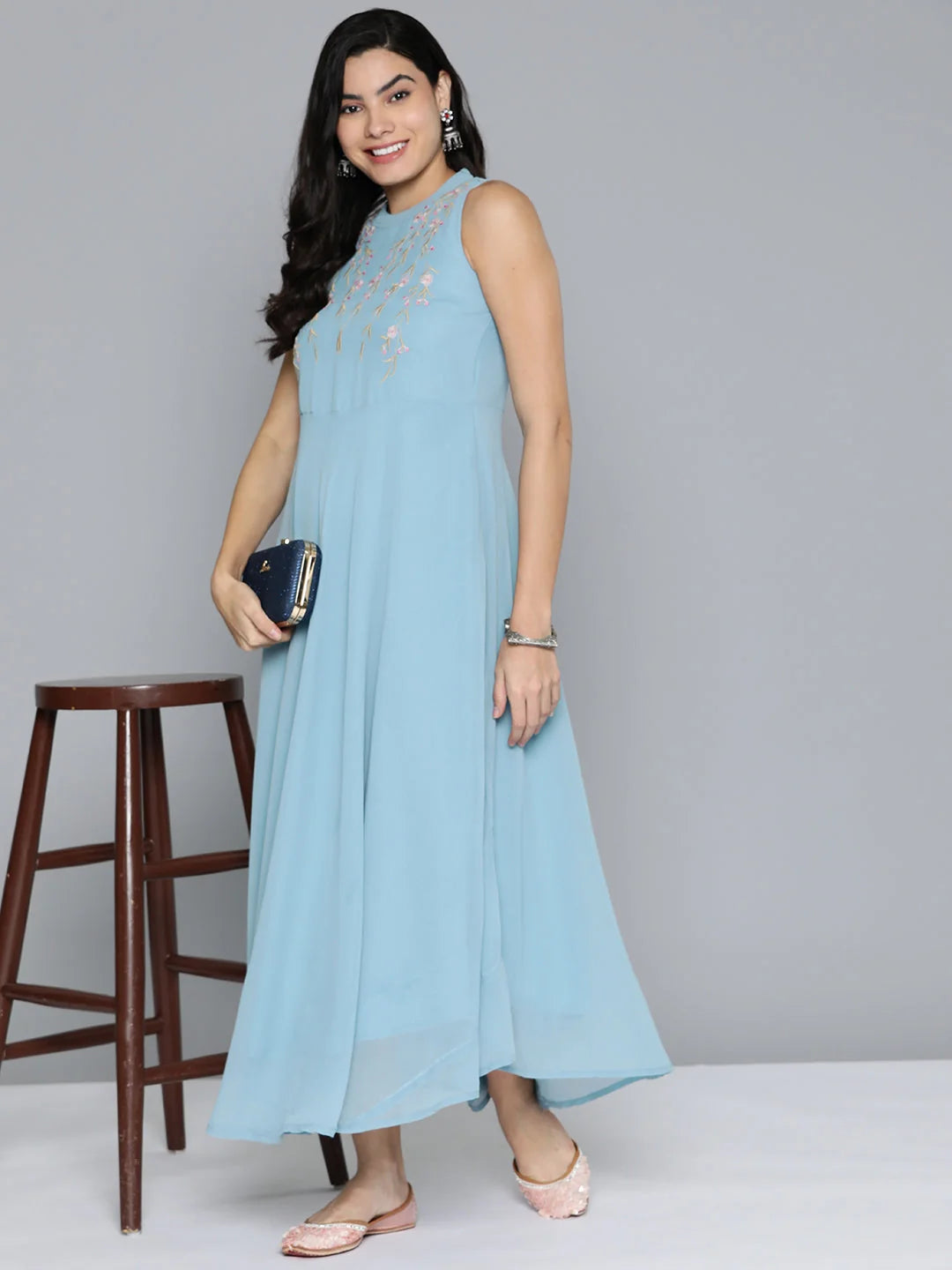Embroidered Flaired Dress - Women's Western Wear (Grey/Blue)