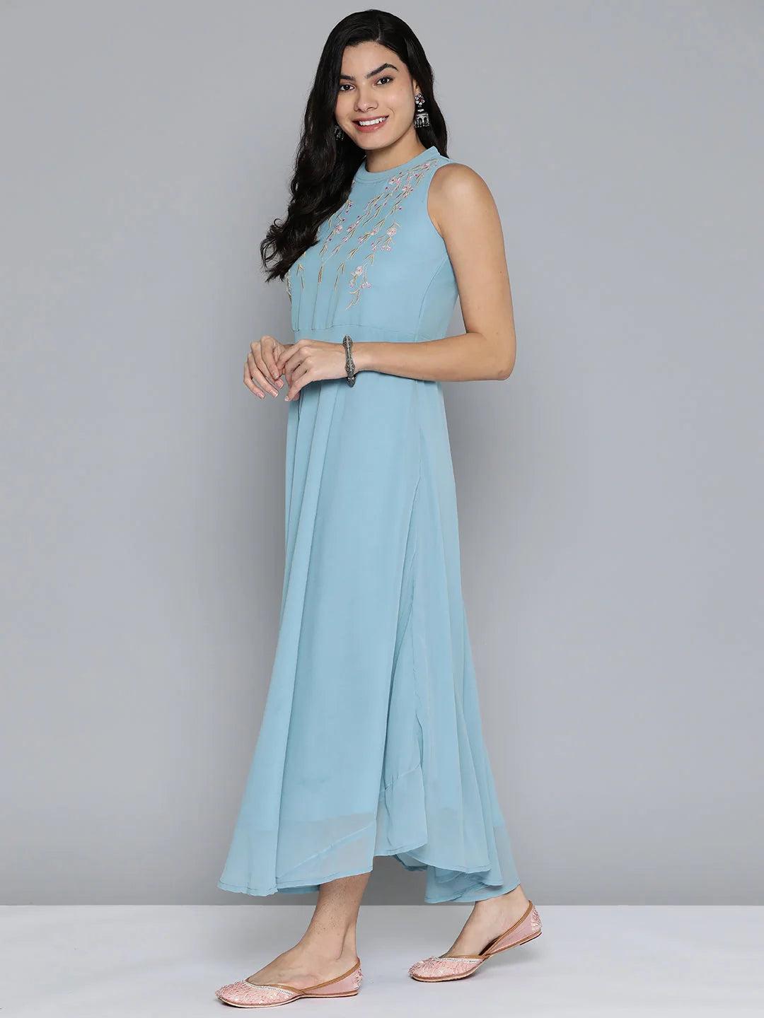Embroidered Flaired Dress - Women's Western Wear (Grey/Blue)