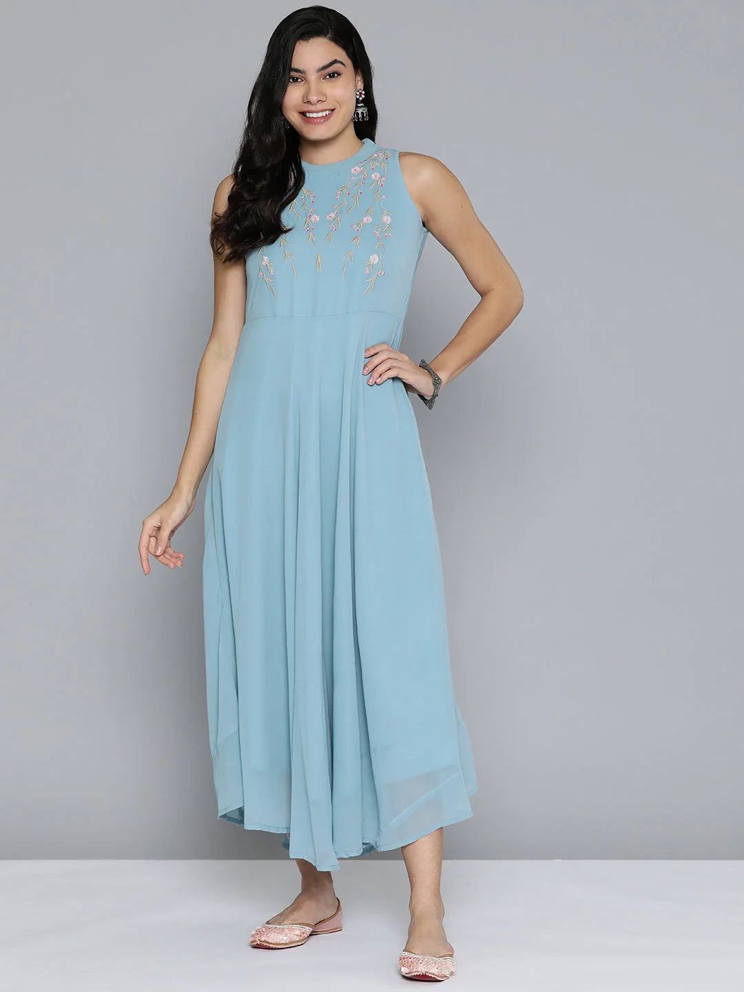 Embroidered Flaired Dress - Women's Western Wear (Grey/Blue)