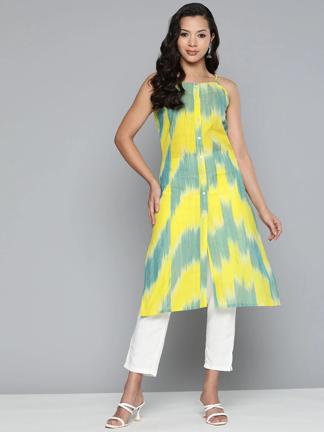 Yellow Ikkat Pure Cotton Kurta - Indian Kurtas for Women