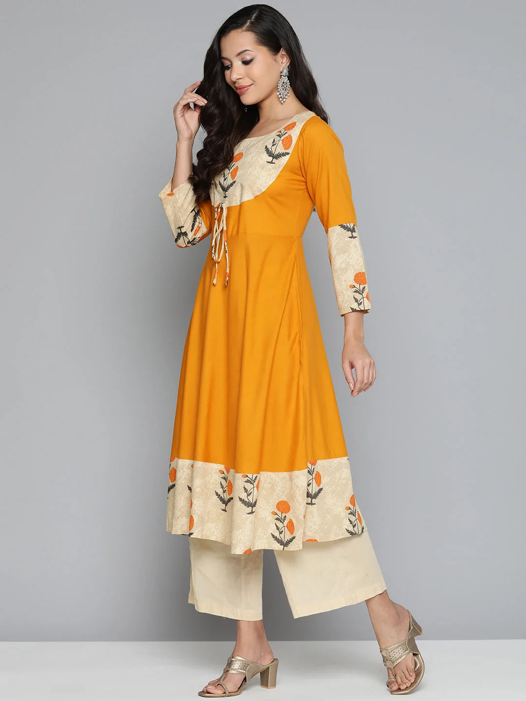 Mustard Floral Printed Kurta - Stylish Indian Kurtis for Women