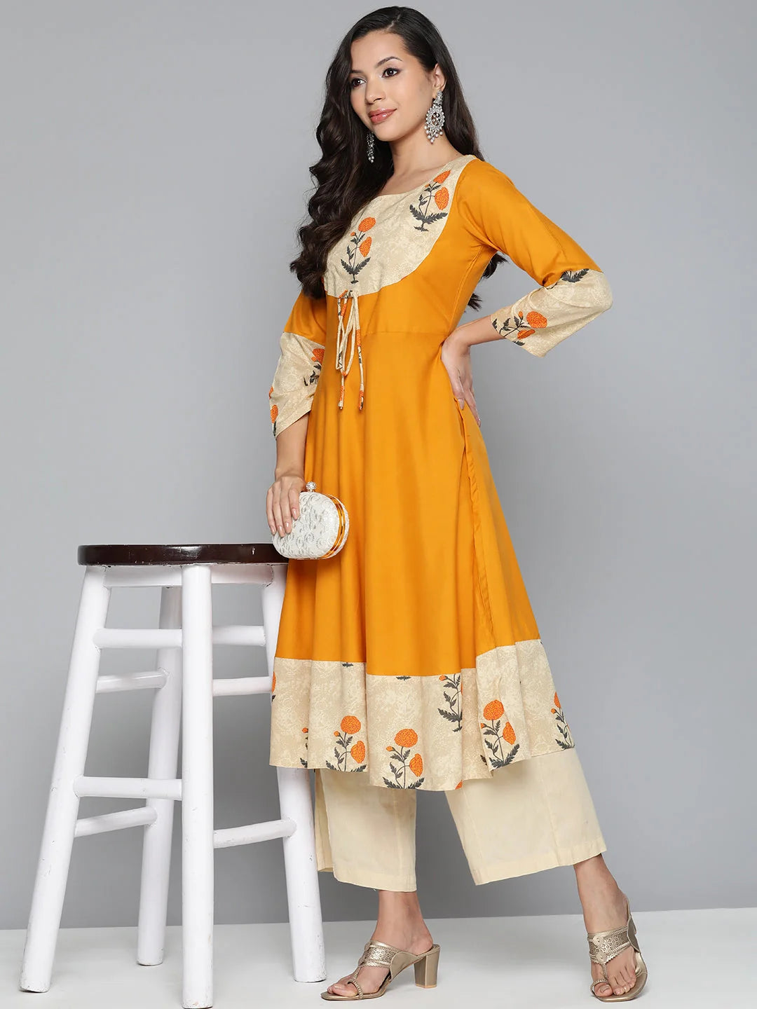 Mustard Floral Printed Kurta - Stylish Indian Kurtis for Women