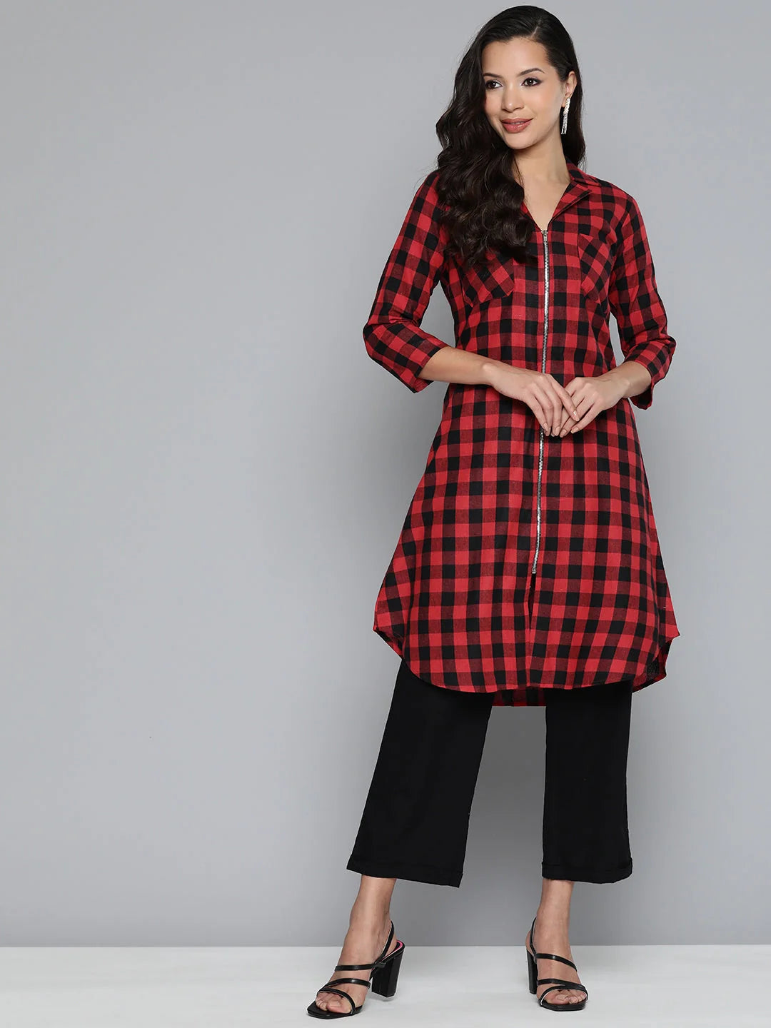 Red-Black Checks Cotton Indian Kurta- Shop Ladies Kurtas