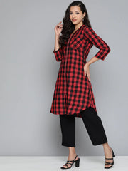 Red-Black Checks Kurta ( JOK 1492 Red )-JOK-1492
