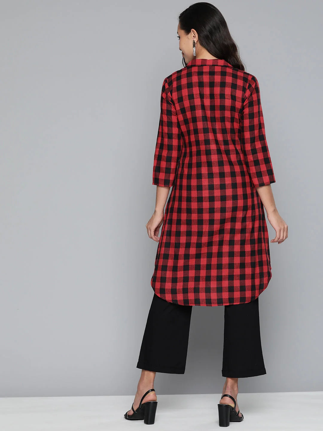 Red-Black Checks Cotton Indian Kurta- Shop Ladies Kurtas