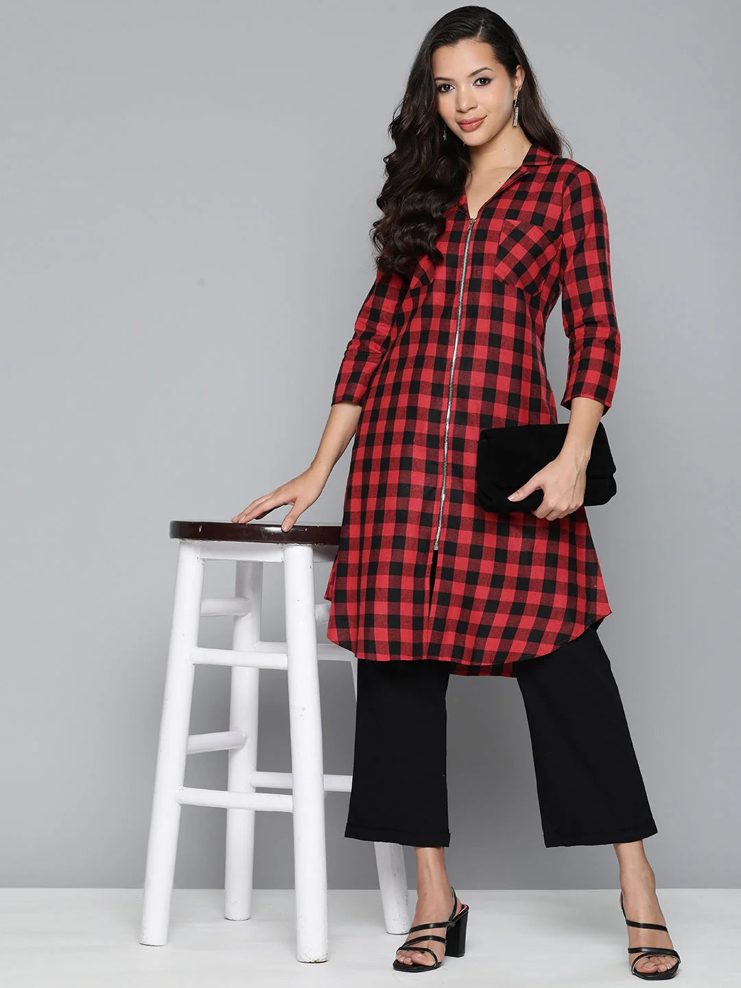 Red-Black Checks Cotton Indian Kurta- Shop Ladies Kurtas