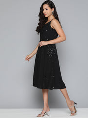 DesiQlo Black Floral Sequin Embroidered A-Line Midi Dress ( JOK 1494 Black )