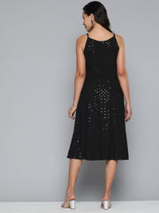 DesiQlo Black Floral Sequin Embroidered A-Line Midi Dress ( JOK 1494 Black )