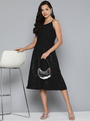 DesiQlo Black Floral Sequin Embroidered A-Line Midi Dress ( JOK 1494 Black )