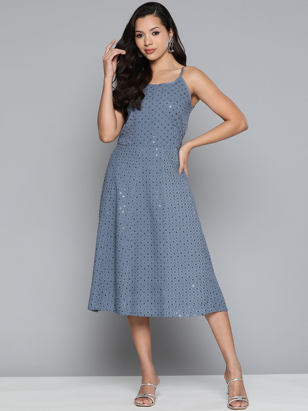 DesiQlo Grey Floral Sequin Embroidered A-Line Midi Dress ( JOK 1494 Grey )