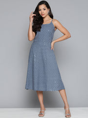 DesiQlo Grey Floral Sequin Embroidered A-Line Midi Dress ( JOK 1494 Grey )